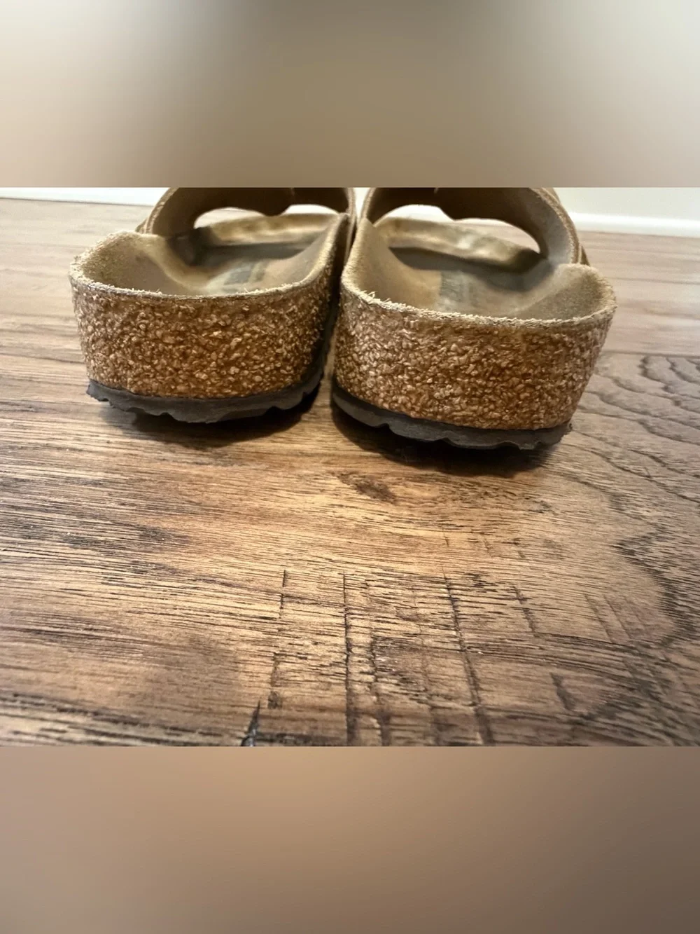 Birkenstock Single Strap Slide Sandals in Light Tan with Gold Buckles